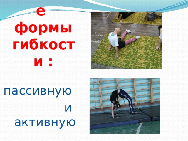 Выделяют  две основные  формы гибкости : пассивную и активную 
