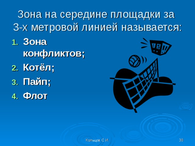 Терминология игры Либеро – защитник, меньше 190 см; Диагональный – мощный, высокий прыгучий игрок, атакует в основном с задней линии, не участвует в приеме; Связующий – определяет игру и варианты атаки; Центральный блокирующий – очень высокий игрок, блокирует удары соперников, атакует из  3-й зоны Кольцов С.И.  