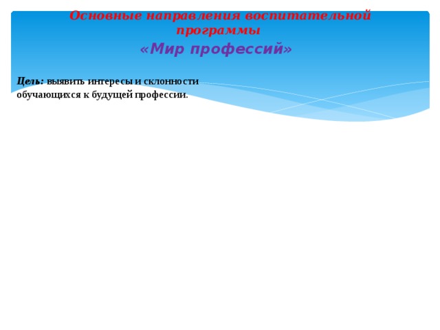 Основные направления воспитательной программы «Мир профессий» Цель: выявить интересы и склонности обучающихся к будущей профессии. 