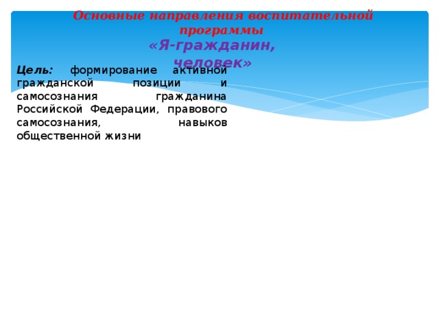 Основные направления воспитательной программы «Я-гражданин, человек» Цель: формирование активной гражданской позиции и самосознания гражданина Российской Федерации, правового самосознания, навыков общественной жизни 