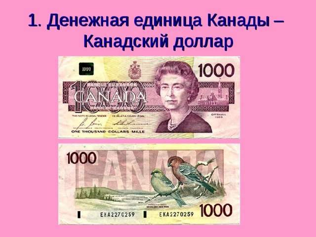 1. Денежная единица Канады –  Канадский доллар 