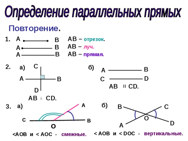 = Повторение . АВ – отрезок . А 1. В АВ – луч. В А АВ – прямая. В А C 2. б) а) B А А D C B АВ  С D . D АВ С D . б) а) A 3 . B C O C B D o А   AOB и   DOC - вертикальные.  AOB и   AOC - смежные. 