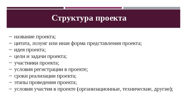 Структура проекта название проекта; цитата, лозунг или иная форма представления проекта; идея проекта; цели и задачи проекта; участники проекта; условия регистрации в проекте; сроки реализации проекта; этапы проведения проекта; условия участия в проекте (организационные, технические, другие); 