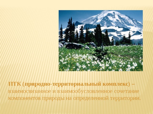 ПТК (природно-территориальный комплекс) – взаимосвязанное и взаимообусловленное сочетание компонентов природы на определенной территории. 