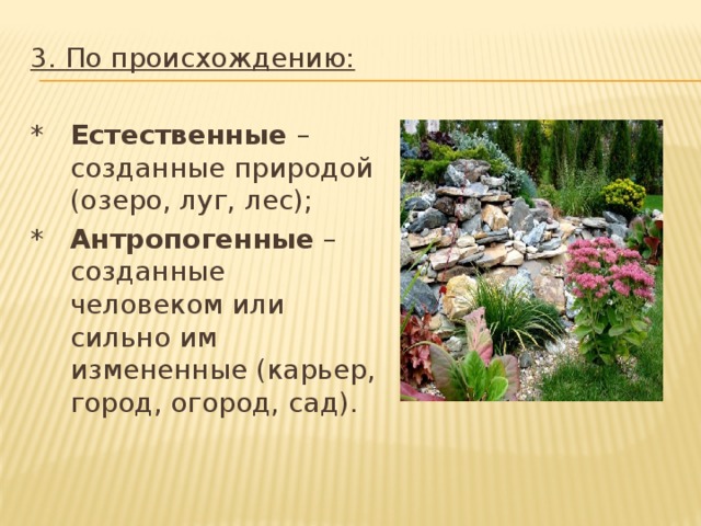 3. По происхождению:  * Естественные – созданные природой (озеро, луг, лес); * Антропогенные – созданные человеком или сильно им измененные (карьер, город, огород, сад). 