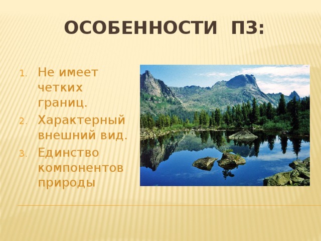 ОСОБЕННОСТИ ПЗ: Не имеет четких границ. Характерный внешний вид. Единство компонентов природы 