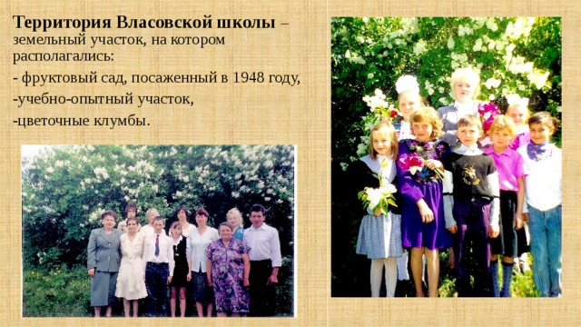 Территория Власовской школы – земельный участок, на котором располагались: - фруктовый сад, посаженный в 1948 году, -учебно-опытный участок, -цветочные клумбы. 