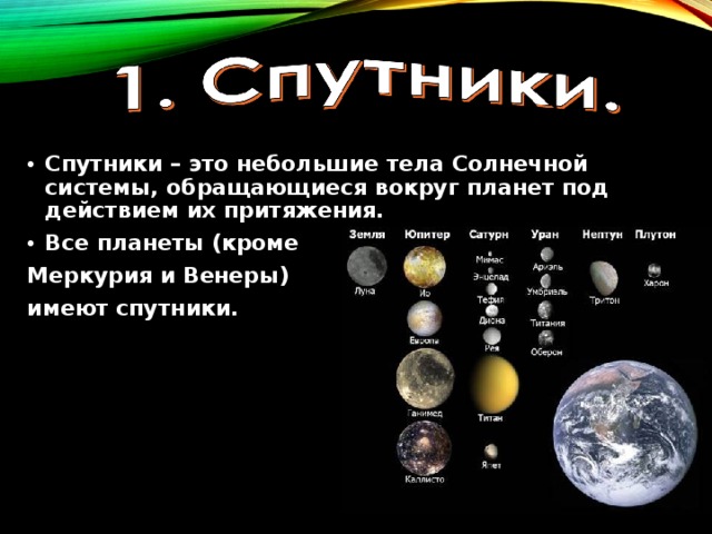 Спутники – это небольшие тела Солнечной системы, обращающиеся вокруг планет под действием их притяжения. Все планеты (кроме Меркурия и Венеры) имеют спутники. 