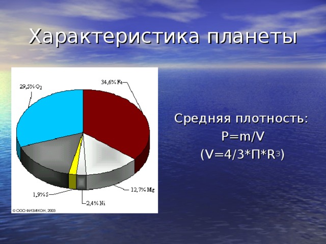 Характеристика планеты Средняя плотность: Ρ=m/V (V=4/3*П*R 3 ) 