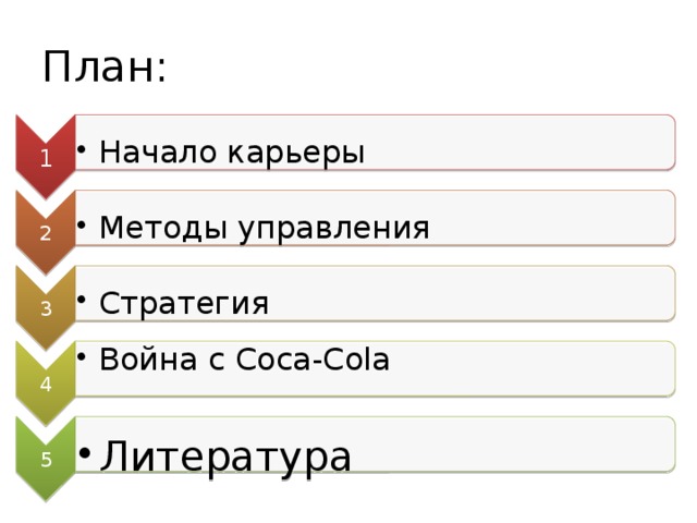 1 Начало карьеры Начало карьеры 2 Методы управления Методы управления 3 Стратегия Стратегия 4 Война с Coca-Cola   Война с Coca-Cola   5 Литература Литература План: 