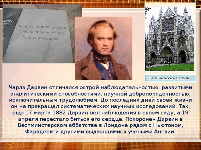 Чарлз Дарвин отличался острой наблюдательностью, развитыми аналитическими способностями, научной добропорядочностью, исключительным трудолюбием. До последних дней своей жизни он не прекращал систематических научных исследований. Так, еще 17 марта 1882 Дарвин вел наблюдения в своем саду, а 19 апреля перестало биться его сердце. Похоронен Дарвин в Вестминстерском аббатстве в Лондоне рядом с Ньютоном, Фарадеем и другими выдающимися учеными Англии.   