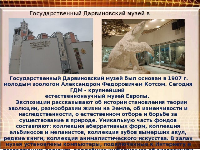 Государственный Дарвиновский музей в Москве  Государственный Дарвиновский музей был основан в 1907 г. молодым зоологом Александром Федоровичем Котсом. Сегодня ГДМ - крупнейший естественнонаучный музей Европы.   Экспозиции рассказывают об истории становления теории эволюции, разнообразии жизни на Земле, об изменчивости и наследственности, о естественном отборе и борьбе за существование в природе. Уникальную часть фондов составляют: коллекция аберративных форм, коллекция альбиносов и меланистов, коллекция зубов вымерших акул, редкие книги, коллекция анималистического искусства. В залах музея установлены компьютеры, подключенные к Интернету и позволяющие получить подробную информацию об экспозициях Дарвиновского музея и многих крупных естественнонаучных музеях России. 