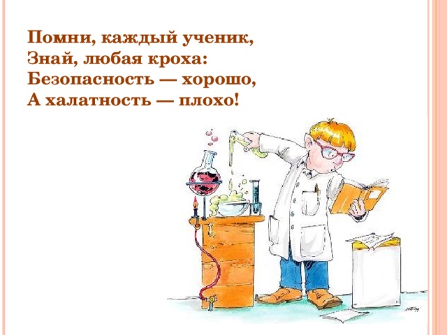 Помни, каждый ученик,  Знай, любая кроха:  Безопасность — хорошо,  А халатность — плохо! 