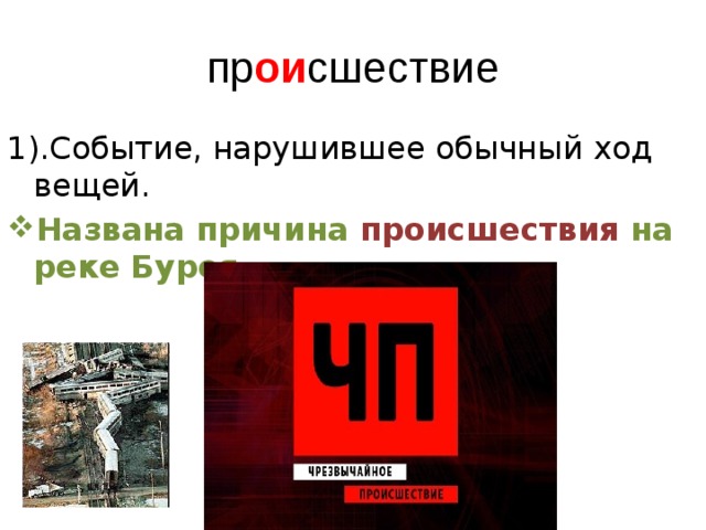 пр ои сшествие 1).Событие, нарушившее обычный ход вещей. Названа причина происшествия на реке Бурея. 
