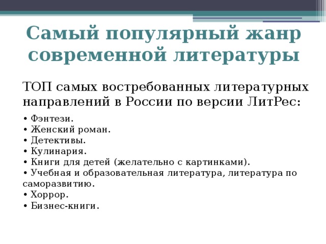 Самый популярный жанр современной литературы ТОП самых востребованных литературных направлений в России по версии ЛитРес: • Фэнтези. • Женский роман. • Детективы. • Кулинария. • Книги для детей (желательно с картинками). • Учебная и образовательная литература, литература по саморазвитию. • Хоррор. • Бизнес-книги.   
