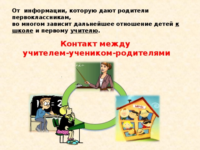 От информации, которую дают родители первоклассникам,  во многом зависит дальнейшее отношение детей к школе и первому учителю . Контакт между учителем-учеником-родителями 