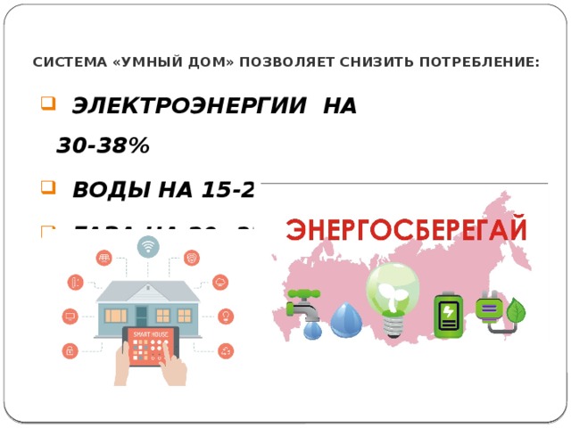  СИСТЕМА «УМНЫЙ ДОМ» ПОЗВОЛЯЕТ СНИЗИТЬ ПОТРЕБЛЕНИЕ:  ЭЛЕКТРОЭНЕРГИИ НА 30-38%  ВОДЫ НА 15-25 %;  ГАЗА НА 20 -35%. 