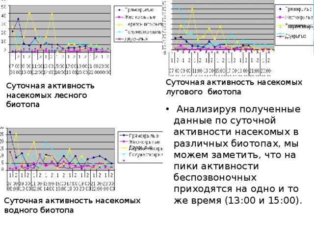 Суточная активность насекомых лугового биотопа Суточная активность насекомых лесного биотопа  Анализируя полученные данные по суточной активности насекомых в различных биотопах, мы можем заметить, что на пики активности беспозвоночных приходятся на одно и то же время (13:00 и 15:00). Суточная активность насекомых водного биотопа 