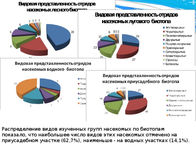 Распределение видов изученных групп насекомых по биотопам показало, что наибольшее число видов этих насекомых отмечено на приусадебном участке (62,7%), наименьше - на водных участках (14,1%). 