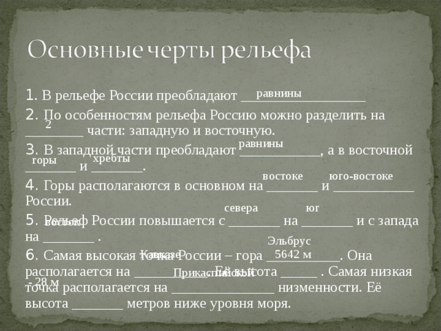 равнины 1 . В рельефе России преобладают _________________ 2. По особенностям рельефа Россию можно разделить на ________ части: западную и восточную. 3. В западной части преобладают ___________, а в восточной _______ и _______. 4. Горы располагаются в основном на _______ и ___________ России. 5. Рельеф России повышается с _______ на _______ и с запада на _______ . 6. Самая высокая точка России – гора __________. Она располагается на __________. Её высота _____ . Самая низкая точка располагается на ______________ низменности. Её высота _______ метров ниже уровня моря. 2 равнины хребты горы юго-востоке востоке севера юг восток Эльбрус Кавказе 5642 м Прикаспийской - 28 м 