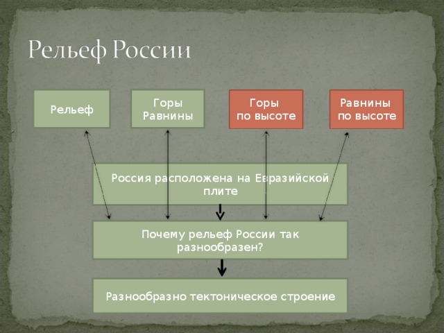 Рельеф Горы Равнины Равнины по высоте Горы по высоте Россия расположена на Евразийской плите Почему рельеф России так разнообразен? Разнообразно тектоническое строение 
