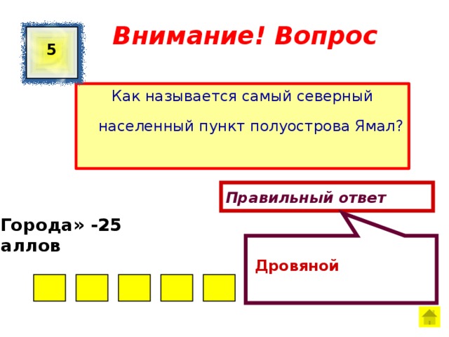  Дровяной Внимание! Вопрос 5 Как называется самый северный населенный пункт полуострова Ямал? Правильный ответ «Города» -25 баллов  