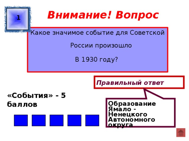 Образование Ямало - Ненецкого Автономного округа Внимание! Вопрос 1 Какое значимое событие для Советской России произошло В 1930 году? Правильный ответ «События» - 5 баллов  