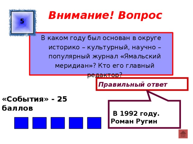   В 1992 году. Роман Ругин Внимание! Вопрос 5 В каком году был основан в округе историко – культурный, научно – популярный журнал «Ямальский меридиан»? Кто его главный редактор? Правильный ответ «События» - 25 баллов  