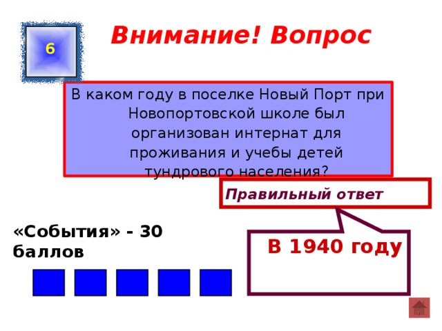  В 1940 году Внимание! Вопрос 6 В каком году в поселке Новый Порт при Новопортовской школе был организован интернат для проживания и учебы детей тундрового населения? Правильный ответ «События» - 30 баллов  