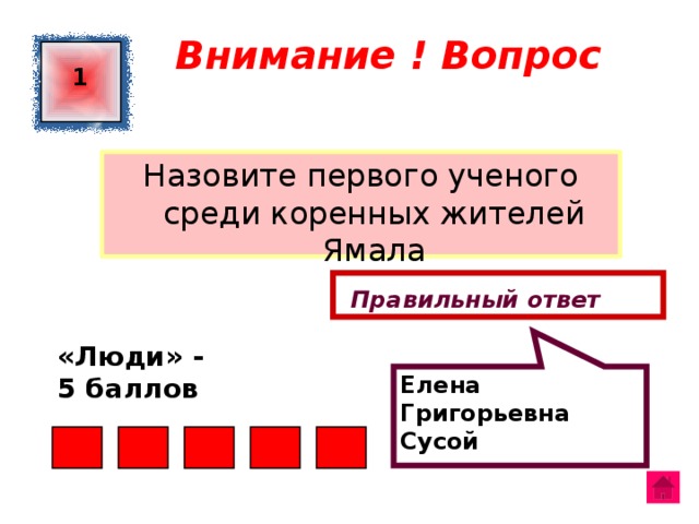 Елена Григорьевна Сусой Внимание ! Вопрос 1 Назовите первого ученого среди коренных жителей Ямала  Правильный ответ «Люди» - 5 баллов  