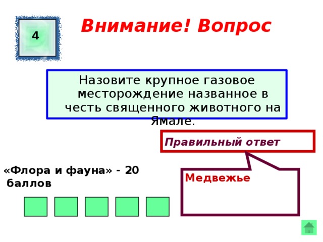 Медвежье Внимание! Вопрос 4 Назовите крупное газовое месторождение названное в честь священного животного на Ямале. Правильный ответ «Флора и фауна» - 20  баллов  