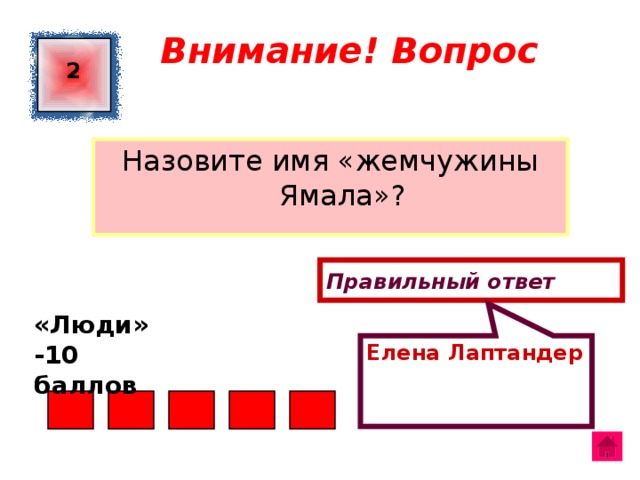 Елена Лаптандер  Внимание! Вопрос 2 Назовите имя «жемчужины Ямала»? Правильный ответ «Люди» -10 баллов  