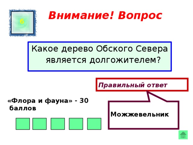  Можжевельник Внимание! Вопрос 6 Какое дерево Обского Севера является долгожителем? Правильный ответ «Флора и фауна» - 30  баллов  