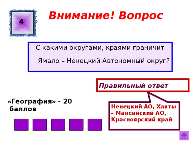 Ненецкий АО, Ханты – Мансийский АО, Красноярский край Внимание! Вопрос 4 С какими округами, краями граничит Ямало – Ненецкий Автономный округ? Правильный ответ «География» - 20  баллов  
