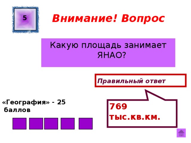 769 тыс.кв.км.  Внимание! Вопрос 5 Какую площадь занимает ЯНАО? Правильный ответ «География» - 25  баллов  