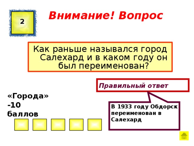 В 1933 году Обдорск переименован в Салехард Внимание! Вопрос 2 Как раньше назывался город Салехард и в каком году он был переименован? Правильный ответ «Города» -10 баллов  