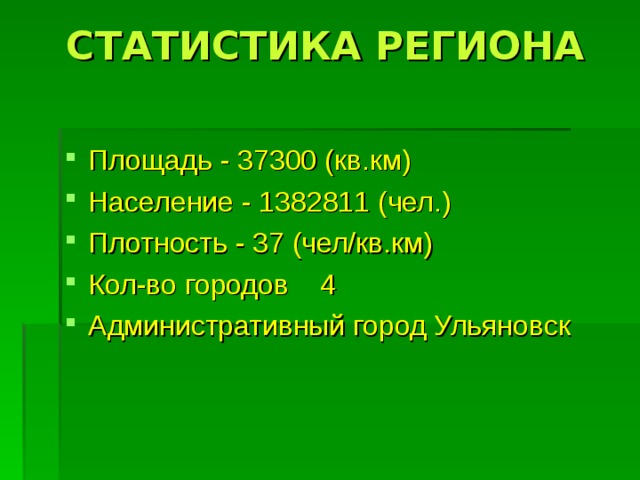 СТАТИСТИКА РЕГИОНА   Площадь - 37300 (кв.км)  Население - 1382811 (чел.)   Плотность - 37 (чел/кв.км)  Кол-во городов  4 Административный город Ульяновск 