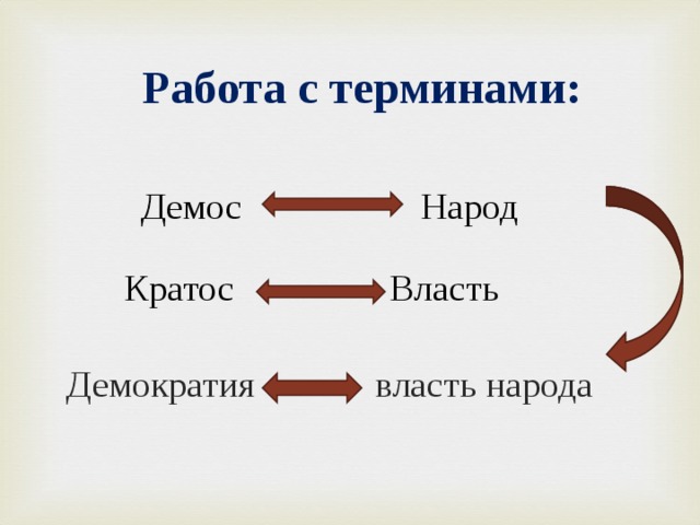 Работа с терминами: Демос    Народ Демос    Народ Демос    Народ   Кратос   Власть Демократия   власть народа Демократия   власть народа  Демократия   власть народа  
