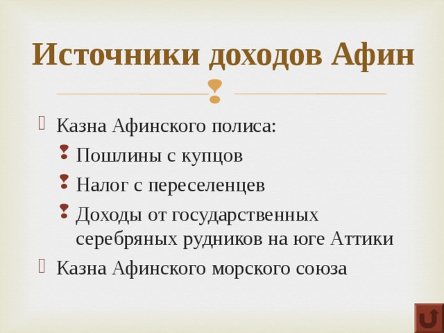 Источники доходов Афин Казна Афинского полиса: Пошлины с купцов Налог с переселенцев Доходы от государственных серебряных рудников на юге Аттики Пошлины с купцов Налог с переселенцев Доходы от государственных серебряных рудников на юге Аттики Казна Афинского морского союза 