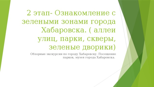 2 этап- Ознакомление с зелеными зонами города Хабаровска. ( аллеи улиц, парки, скверы, зеленые дворики) Обзорные экскурсии по городу Хабаровску. Посещение парков, музея города Хабаровска.  