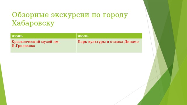 Обзорные экскурсии по городу Хабаровску июнь июль Краеведческий музей им. И.Гродекова Парк культуры и отдыха Динамо 