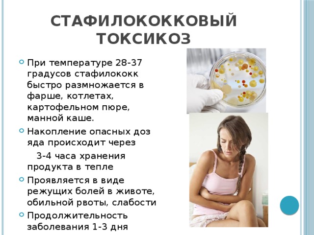 Стафилококковый токсикоз При температуре 28-37 градусов стафилококк быстро размножается в фарше, котлетах, картофельном пюре, манной каше. Накопление опасных доз яда происходит через  3-4 часа хранения продукта в тепле Проявляется в виде режущих болей в животе, обильной рвоты, слабости Продолжительность заболевания 1-3 дня 