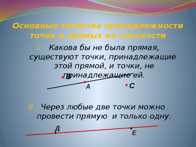 Основные свойства принадлежности точек и прямых на плоскости Какова бы не была прямая, существуют точки, принадлежащие этой прямой, и точки, не принадлежащие ей.   Через любые две точки можно провести прямую и только одну.   В С  А Д E 