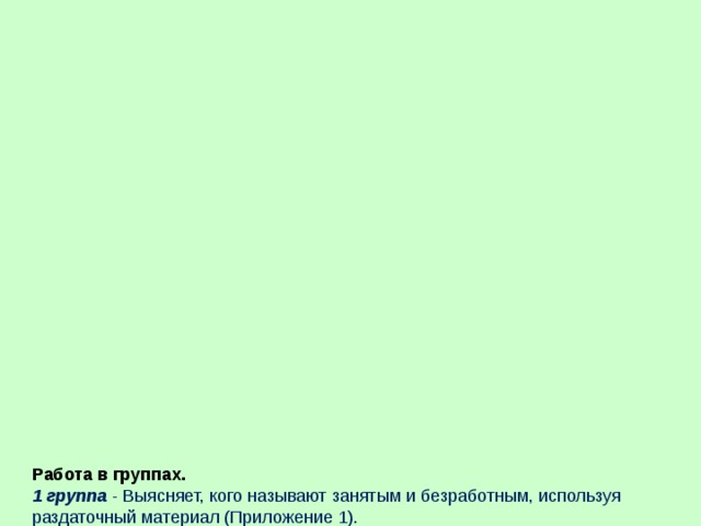                                Работа в группах.  1 группа - Выясняет, кого называют занятым и безработным, используя раздаточный материал (Приложение 1).  2 группа - Выделяет причины безработицы (на основе материала учебника с.227-229)  3 группа - Определяет последствия безработицы: экономические и социальные (с. 229-230), составляет таблицу (Приложение 2).  4 группа - Роль государства в обеспечении занятости.  Задание: Определите направления государственной политики в области занятости населения (учебник стр. 230-231) и запишите, в чём состоит роль государства в обеспечении занятости. Кто из работников наиболее нуждается в поддержке государства?  Почему? Как им помогают? (устно)  5 группа - Проблемы и уровень занятости и безработицы в Челябинской области.  Задание: Ознакомьтесь с раздаточным материалом (Приложение 3) и ответьте на вопросы.  1. Проанализируйте данные Федеральной службы государственной статистики по Челябинской области и сделайте вывод об уровне  занятости и безработице в Челябинской области.  2. Рынок труда Челябинска: какие профессии были востребованы в 2018 году?   