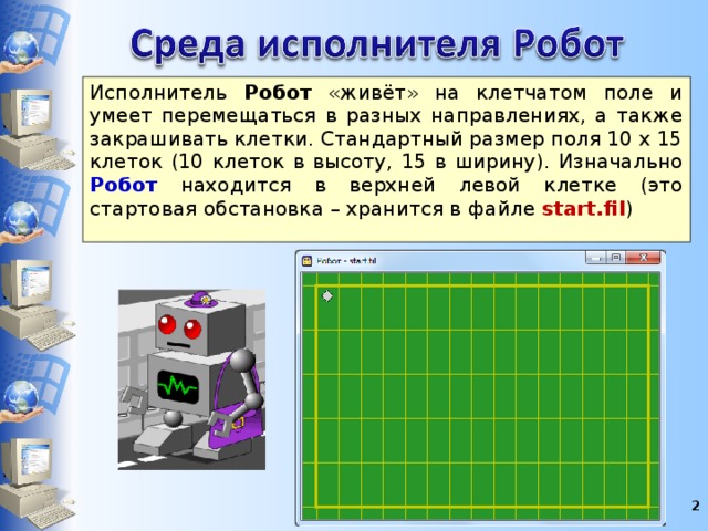 Исполнитель Робот «живёт» на клетчатом поле и умеет перемещаться в разных направлениях, а также закрашивать клетки. Стандартный размер поля 10 х 15 клеток (10 клеток в высоту, 15 в ширину). Изначально Робот  находится в верхней левой клетке (это стартовая обстановка – хранится в файле start.fil )