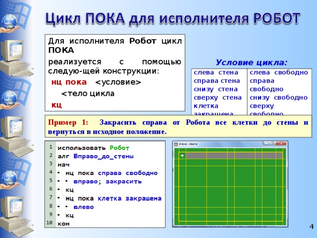 Для исполнителя Робот цикл ПОКА  реализуется с помощью следую-щей конструкции:  нц пока     кц  Условие цикла: слева стена справа стена снизу стена сверху стена клетка закрашена слева свободно справа свободно снизу свободно сверху свободно клетка чистая Пример 1: Закрасить справа от Робота все клетки до стены и вернуться в исходное положение.