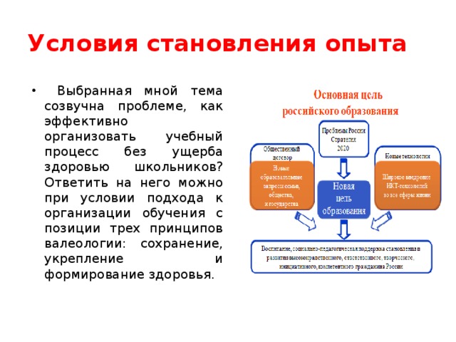 Условия становления опыта  Выбранная мной тема созвучна проблеме, как эффективно организовать учебный процесс без ущерба здоровью школьников? Ответить на него можно при условии подхода к организации обучения с позиции трех принципов валеологии: сохранение, укрепление и формирование здоровья. 