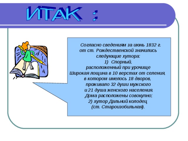   Согласно сведениям за июнь 1832 г.  от ст. Рождественской значились следующие хутора: Спорный,  расположенный при урочище Широкая лощина в 10 верстах от селения, в котором имелось 18 дворов, проживало 32 души мужского  и 21 душа женского населения.  Дома расположены совокупно; 2) хутор Дальний колодец (ст. Староизобильная).  