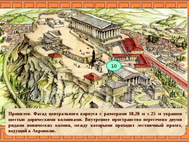 10 Пропилеи. Фасад центрального корпуса с размерами 18,20 м X 25 м украшен шестью дорическими колоннами. Внутреннее пространство пересечено двумя рядами ионических колонн, между которыми проходит лестничный пролет, ведущий к Акрополю.  