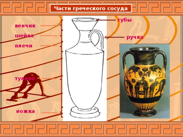 Части греческого сосуда губы венчик шейка ручка плечи тулово ножка 
